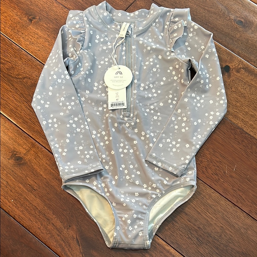 Quincy Mae Blue Floral One Piece Swimsuit Bathing Suit NWT 2-3 years